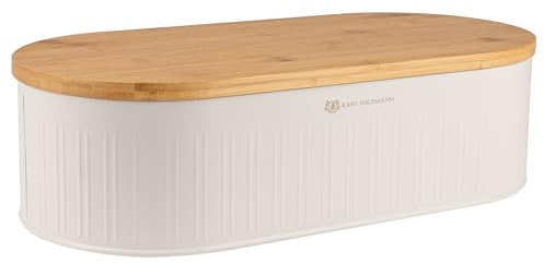 KARL HAUSMANN Boîte à Pain Blanche en Métal avec Couvercle en Bambou - Garde le pain frais plus longtemps | Grande Huche a Pain pour cuisine et plan de travail | 2en1 planche à découper et ventilation