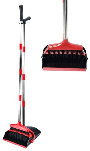 Xifando Set di scopa e paletta, paletta antivento con manico lungo, scopa e paletta con denti per la pulizia dei pavimenti di casa, cucina, stanza, ufficio, hall (nero + rosso)