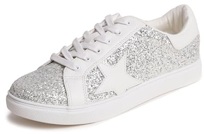 Feversole dammode snörning klänning sneakers glittrande fest glänsande skor stjärna glitter, Is silver glitter vit stjärna snörning 1405, 40 EU