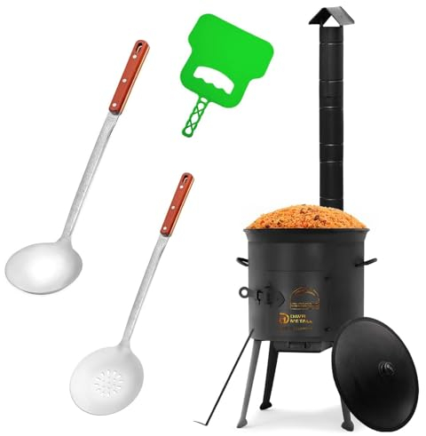 Ø36cm Uchag 2mm stahl mit Abzugsrohr Utschak Utschag Feldküche 12L Kazan WOK Kasan (Runder boden) Feuerstelle Campingofen Außenküche Eintopfofen mit Schaumkelle Suppenkelle Grillfächer