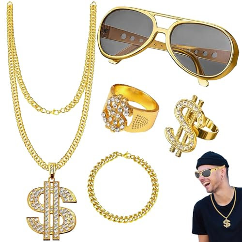 5 Stück Jahre Outfit Herren Hip Hop Kostüm 80/90er Rapper Zubehör Hip Hop Hip Hop Kostüm Rapper Accessoires Hip Hop Kostüm Kit 70er 80er 90er Hustler Rapper Hiphop Kostüm