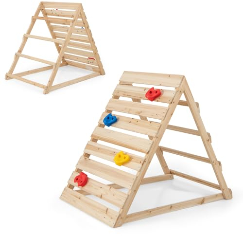 GOPLUS Kletterdreieck Indoor, Doppelseitiges Klettergerüst mit bunten Kletterfelsen & Leiter, Montessori-Kletterdreieck aus Holz, Kletterspielzeug für Kinder von 3-8 Jahren, Natur