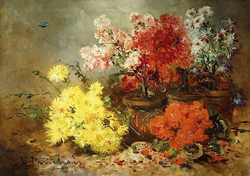 HCOTZHPY Klassische Malerei Leinwand Abstrakt Kunstwerk Wandkunst Bild Druck Gänseblümchen Begonien und andere Blumen in Töpfen von Eugene Henri Cauchois Weinlese Plakat für Bürodekoration 60x90cm