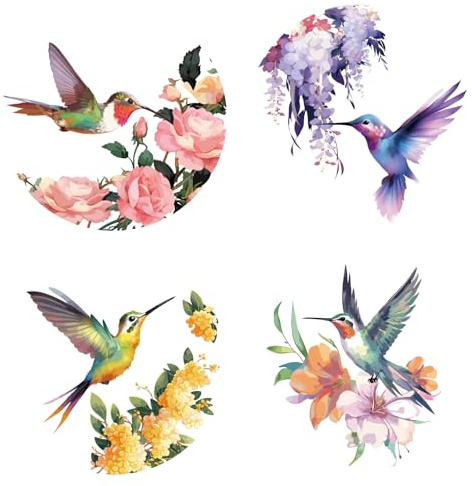 GORGECRAFT 4Pcs 16cm Hummingbird Window Sticker Birds Flower Anti Collision Window Decals Spring Floral Round Static Window Clings Decor Avoid Bird Strikes on Window Glass Doors for Home Decor