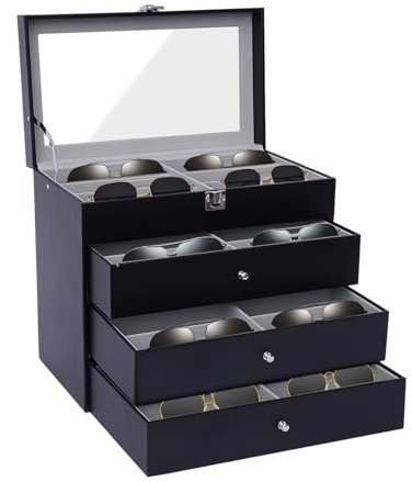 Susoso 4 Lagen Brillenbox für 24 Brillen, 33.5x19.2x29.7cm Aufbewahrung Sonnenbrillen Präsentation Showcase PU-Leder Brillenkoffer mit Griffe der Schublade Schwarz