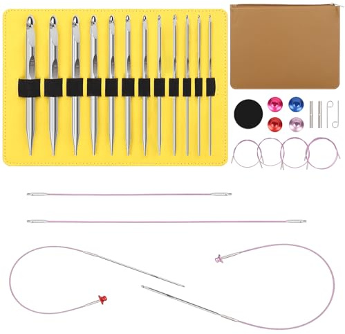 Aeelike Tunesische Häkelnadel mit Seil Austauschbar, 3,0-10mm Häkelnadeln Set Tunesisch, 12 Metall Tunesisch Häkeln Set Interchangeable, 40cm/60cm/80cm/100cm Tunisian Crochet Hooks für Anfänger