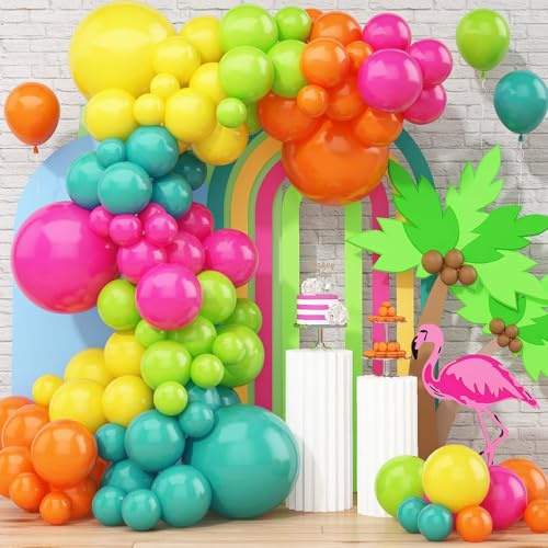 Lot de 110 guirlandes de ballons hawaïens tropicaux magenta mat orange vert jaune bleu arche de ballons pour anniversaire tropical, plage, fête d'été, fête prénatale, garçons et filles
