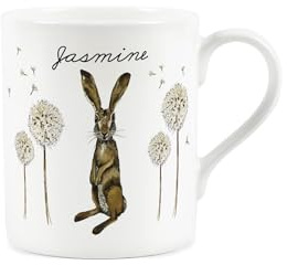 Purely Home Custom Hares & Dandelions Small Mug - Personalised Wildlife Art Gifts By Rhiannon Chauncey - Bone China White Coffee/Tea Cup Present