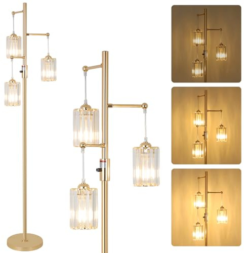 Rayofly Stehlampe Wohnzimmer Gold, 3-flammig Dimmbar Stehlampe mit Glas Lampenschirm, Modern Kristall Standleuchte Gold, Crystal Floor Lamp, Kristall Stehleuchte für Schlafzimmer Kinderzimmer Büro