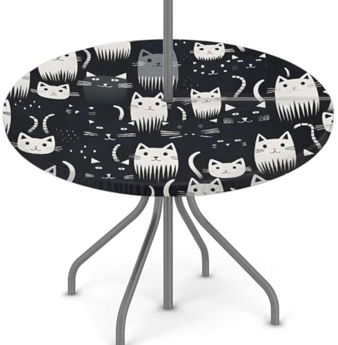 Woltant Nappe ronde avec trou de parasol et fermeture éclair facile à nettoyer avec bords élastiques - Protection de table d'extérieur pour jardin, terrasse, barbecue, chats - Noir et blanc