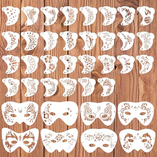 Stencil per il trucco del viso, kit da 38 pezzi, stencil riutilizzabili per tatuaggi facciali e trucco del corpo: fiori, stelle e forme varie