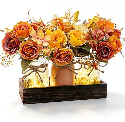 3PCS Artificial Fall Flowers in Mason Jars with Rustic Wood Tray – Orange & Yellow Faux Floral Centerpiece Table Decorations, Farmhouse Autumn Decor for Kitchen, Coffee Table, Tiered Tray, Mantel