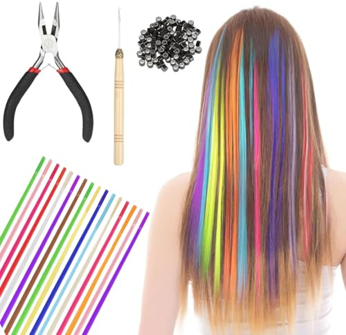 HaarsträHnen,50 Teile Farbige HaarverläNgerungen Mit 100 Perlen Und ZubehöR,bunte haarsträhnen, Ideal FüR Cosplay, Partys Und TheaterauffüHrungen