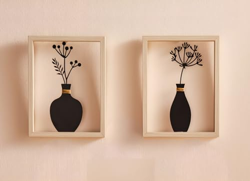 Dekoleidenschaft 2x Wanddeko Vase aus Metall schwarz mit Holz Rahmen, natur, Metallbilder Wohnzimmer, Wandbilder