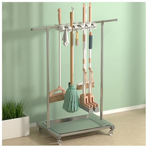Soporte para escobas de acero inoxidable, carrito de herramientas de limpieza multifuncional con ruedas, organizador de suministros de limpieza comercial, carros de conserjería, estación de limpieza