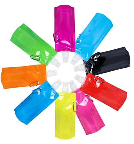 Générique Ensemble Bouteille Eau Pliable 9Pcs - Pochettes Boisson 16oz, Flasque Enroulable Réutilisable Clip, Sac Jus Plastique Souple Portable | pour Randonnée Voyage Camping École