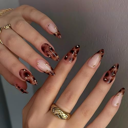 Leopard Print French Tips Press on Nails Long Square Fake Nails Brown Ombre False Nails with Gold Pearls Design Glossy Stick on Nails for Women Girls Manicure Decoration 24pcs