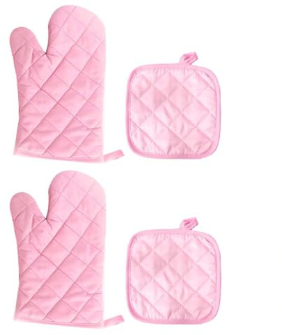 Pink Oven Gloves Set of 4, Heat Resistant Kitchen Mitts for Baking and Grilling, Double Layer Thermal Protection Design with Enhanced Grip, Approximately 80g Weight per Glove