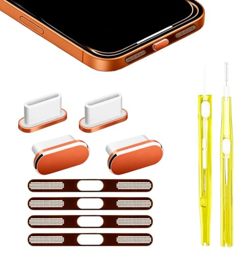 10pcs Kit de limpieza de teléfono compatible con iPhone 17Pro Max/16Pro Max/15 Pro Max, Tapas antipolvo para puerto de carga USB C y altavoz herramientas de limpieza accesorios para teléfono(Naranja)