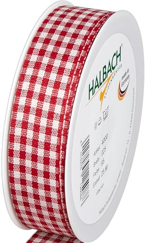 Halbach Vichy-Karo-Geschenkband, 25 mm x 25 m, rot | Kariertes Geschenkband, Made in Germany und Öko-Tex 100 zertifiziert, waschbar und wetterfest zum Verpacken und Dekorieren