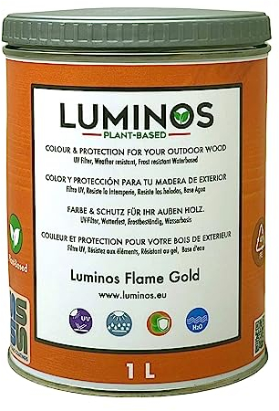 Luminos LUM1111 - FLAME GOLD - Holzlasur Außen - Biopolymer-Wasserbasis Lasur für Holz, UV-Schutz und Wetterfest - Golden Orange 1L