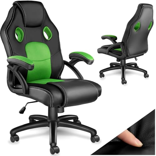 tectake® Sedia da Ufficio Ergonomica, Sedia Scrivania con Rotazione 360°, Imbottitura Confortevole, Rivestimento Similpelle, Poltrona Gaming con Altezza Regolabile, 5 Rotelle Doppie - Nero/Verde