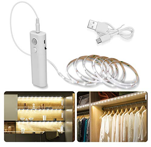 LUXJET Tira LED Blanco Frío Recargable Autoadhesivo Tira Luz LED Flexible con Sensor de Movimiento 2m para Cocina, Dormitorio, Armario, Sótano, Escaleras