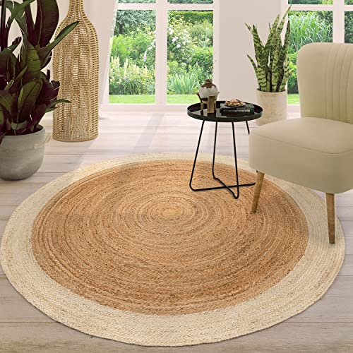 TT Home Jute Teppich Rund Wohnzimmer Esszimmer Boho Modern Handgemacht Mit Umrandung, Farbe: Elfenbein, Größe:160 cm Rund