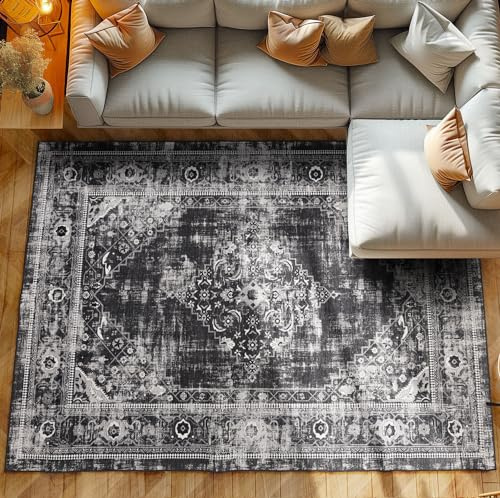 SIMPEX Kurzflor Teppich Wohnzimmer Schlafzimmer Läufer Flur Waschbarer Teppich Weich Vintage Stil, Wohnzimmerteppich, Farbe: Schwarz, Größe: 80 x 150 cm