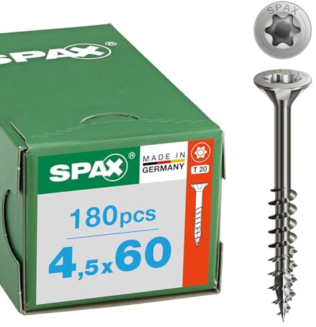 SPAX Edelstahlschraube A2-4,5 x 60 mm, 180 St., Senkkopf T20, Teilgewinde | Rostfreie Holzbauschraube mit T-STAR plus, 4CUT-Spitze und Teilgewinde, ideal für Garten und Außenbereich, Made in Germany