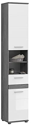 xonox.home - Hochschrank Blake 35x191x31 cm in Front weiß Hochglanz Korpus rauchsilber Nb - Badezimmer Badschrank schmaler Badezimmerschrank - modern, platzsparend und funktional