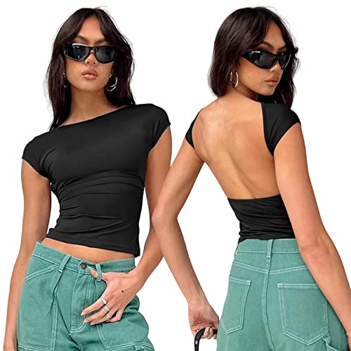 Arkim Top Dos Nu Femme [Matériaux Améliorés] Y2K Backless Top T-Shirts, Sexy Haut Dos Nu Tops Femme Ete, T-Shirts à Manches Courtes Femme Style Réversible (Noir,S)