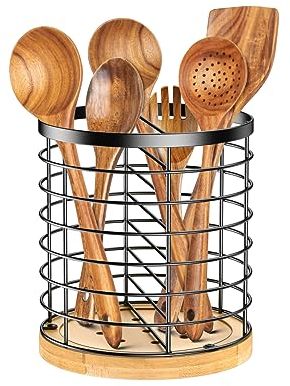 AUSYDE Küchenutensilienhalter, Edelstahl + Holzsockel Utensilienhalter, Atmungsaktiv Und Leicht Zu Trocknen, Großer Utensilienhalter für die Küche, Schwarz (Metall+Bambus)