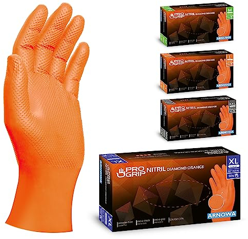 50x PROGRIP Guanti nitrile XL Arancione [Extra resistenti], Guanti monouso plastica, 2x più spessi, con finitura diamantata, Guanti in nitrile per industria e montaggio, guanti lavoro