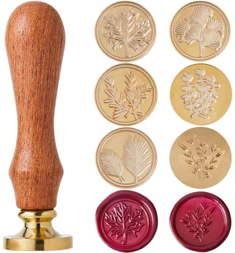 CRASPIRE Blatt-Wachssiegel-Stempel-Set, 6 Stück, 25 mm Siegelkopf Aus Messing + 1 Stück Holzgriff-Set, Ahorn, Rosmarin, Eukalyptus, Ginkgoblätter, Abnehmbarer Hochzeitsumschlag, Umschläge, Einladungen
