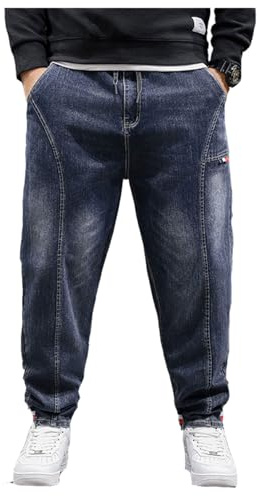 Överdimensionerade jeansbyxor – herr säckig jeans stretchiga lösa passform jeans byxor män hög midja stretch raka jeans byxor stonewashed denim långa jeansbyxor fritidsbyxor joggingbyxor cargobyxor,