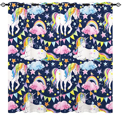 YUANZU Regenbogen Einhorn Vorhänge Kinder Wolken Sterne Ösen Gardinen mit Blickdichte Vorhang Kälteschutz Blackout Curtain Kinderzimmer Schlafzimmer Verdunkelung Fenster, 2 Stück, H 160 x B 106 cm