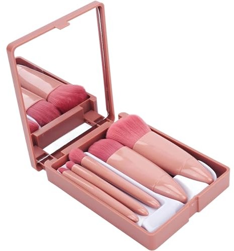 5-teiliges Pinselset Makeup mit Spiegeletui, Tragbare Make Up Pinsel, Reise Schminkpinsel Set für Foundation, Concealer, Foundation, Lidschatten, Rouge