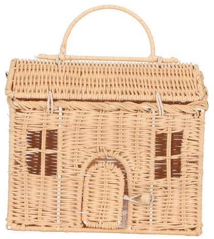 Wnvivi Bolsa de Almacenamiento de Ratán con Forma de Casa,Bolso de Hombro de Ratán con Tapa Y Correa Ajustable,Bolso de Hombro Tejido de Mimbre,Contenedor de Almacenamiento de Bolso Creativo para Viaj