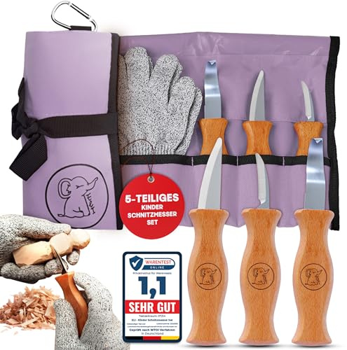 Eli® Schnitzmesser Kinder Set ab 6 Jahre inkl. schnittfester Handschuhe | hochwertiges 5-teiliges Kindermesser Schnitzset - Kinderschnitzmesser - Schnitzwerkzeug - Taschenmesser - schnitzen Geschenk