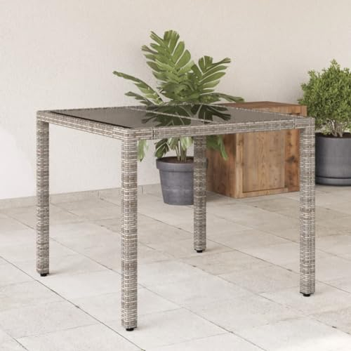LAPOOH Gartentisch mit Glasplatte Grau 90x90x75 cm Poly Rattan, Gartentisch, Terrassentisch, Esstisch Garten, Gartenesstische, Gartenmöbel, Außentisch - 365526