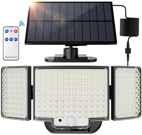 SIGRILL Lampe Solaire Exterieur Detecteur de Mouvement, 212 LED Lumière Solaire Extérieure avec Télécommande, Projecteur Solaire avec Éclairage à 340°, IP65 Étanche (1 Pièce - Lumière Froide)