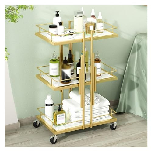 JKAVPPT Rollwagen mit 3 Ebenen und Rädern, Servierwagen for Schönheitssalons, Kosmetikwagen, mobiler Aufbewahrungs-Organizer aus Metall, Mehrzweckwagen, Aufbewahrungswagen for die Küche(Gold)