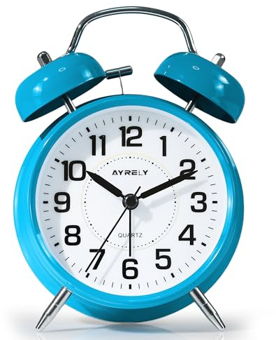AYRELY® Super Loud Twin Bell Alarm Clock for Heavy Sleepers, 4-Inch Silent Non-Ticking Quartz with Backlight, Metal Cute Clock for Kids' Rooms (Sky Blue)