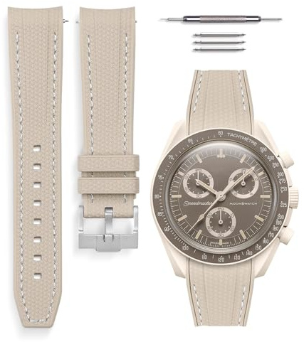 HORACE Universellt klockarmband i flytande silikon 20 mm – Kompatibelt med Omega x Swatch MoonSwatch – Monteringskit ingår (Beige - Vit sömnad)