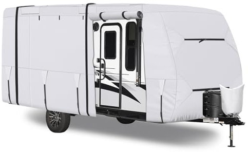 Wohnmobil Schutzhülle, 420 Oxford Wohnwagen Abdeckplane RV Abdeckung passt 18-20ft Wohnmobil, Dachabdeckung für Wohnwagen mit Zunge Jack Abdeckung, Rechte Seite Reißverschluss, Winddicht Riemen