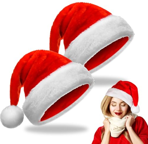 Kinwers Weihnachtsmützen Erwachsene,2 Stück Nikolausmütze Erwachsene Plüsch Rand,Warm Dicker Fellrand Rote Weihnachtsmann Mütze für Herren/Damen