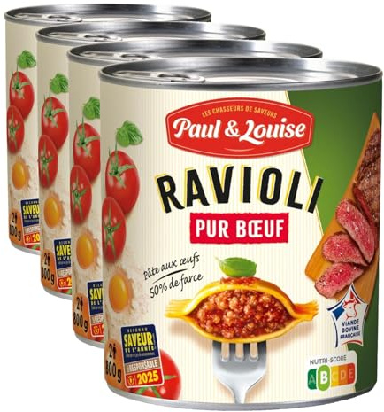 Paul & Louise Ravioli Boeuf, Mascarpone 800g - Pâte aux œufs - 50% de farce - Pur Boeuf - 100% origine France - Sans colorant - Sans arôme artificiel - Nutriscore B (Lot de 4)