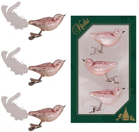 Krebs Glas Lauscha - Weihnachtsdekoration/Christbaumschmuck aus Glas - Vögel auf Clip - Farbe: Koralle - 3 Stück - Größe: ca. 11 cm