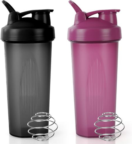 ACWOO 2 PCS Protein Shaker 600ml, Proteína Shaker a Prueba de Fugas con Bola Mezcladora, Botella Mezcladora de Batidos de Proteínas, Taza para Batidos de Proteínas para Fitness (Negro + Morado)